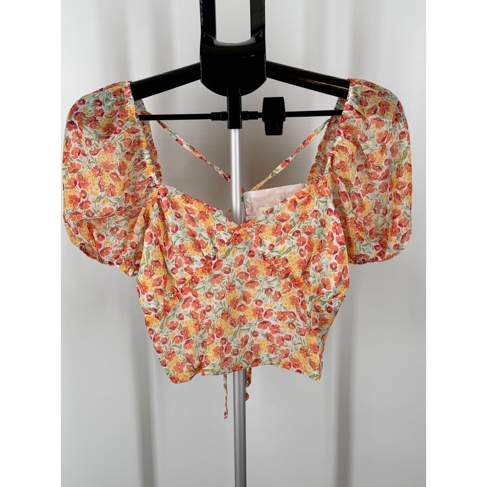 Promesa Floral Puff Sleeve Crop Top Sweetheart Neck Open‎ Back L New